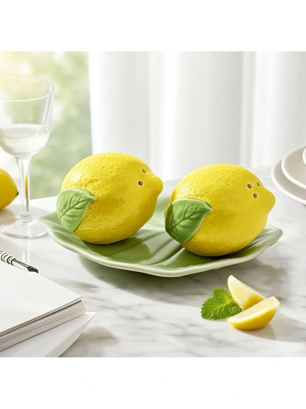 Ceramic Lemon Salt and Pepper Shaker Set with Green Tray